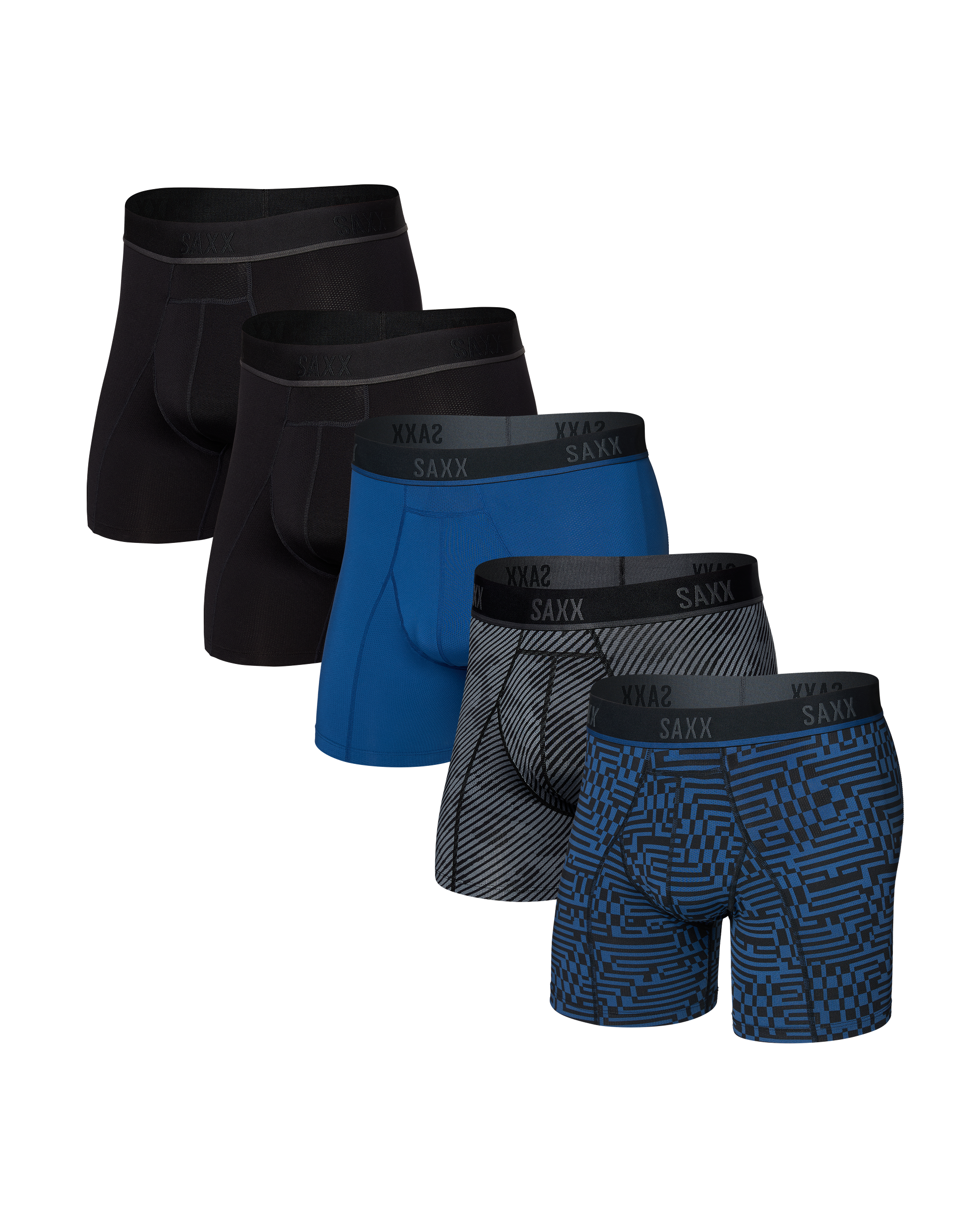 Five pairs of men's boxer briefs in black, blue, and gray on a white background.
