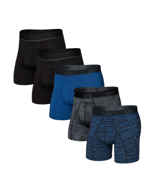 Five pairs of men's boxer briefs in black, blue, and gray on a white background.