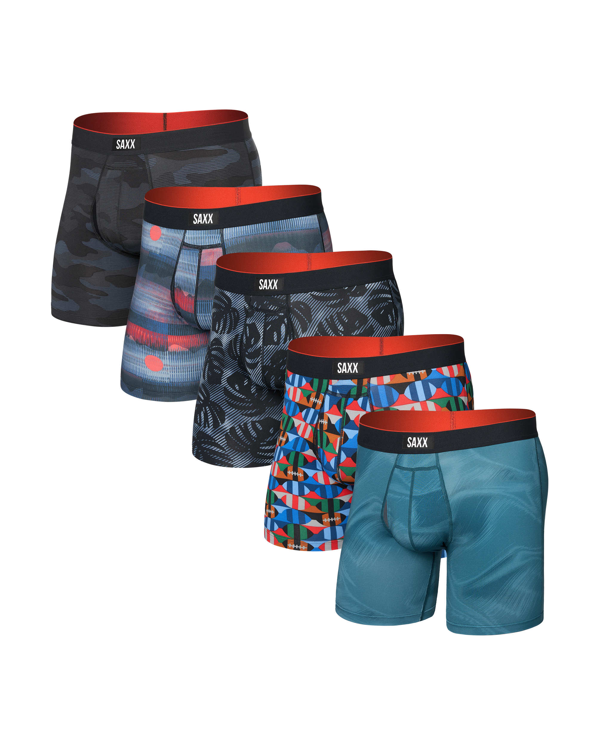 Five pairs of saxx underwear in various designs on a white background