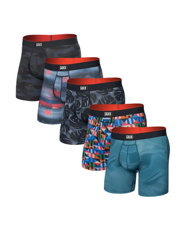 Five pairs of saxx underwear in various designs on a white background