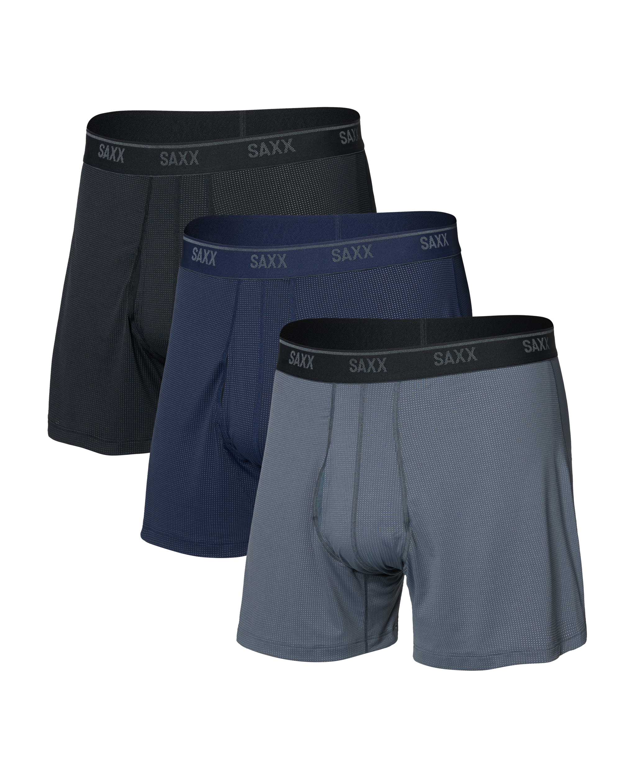 Three pairs of SAXX boxer briefs in black, blue, and gray on a white background.