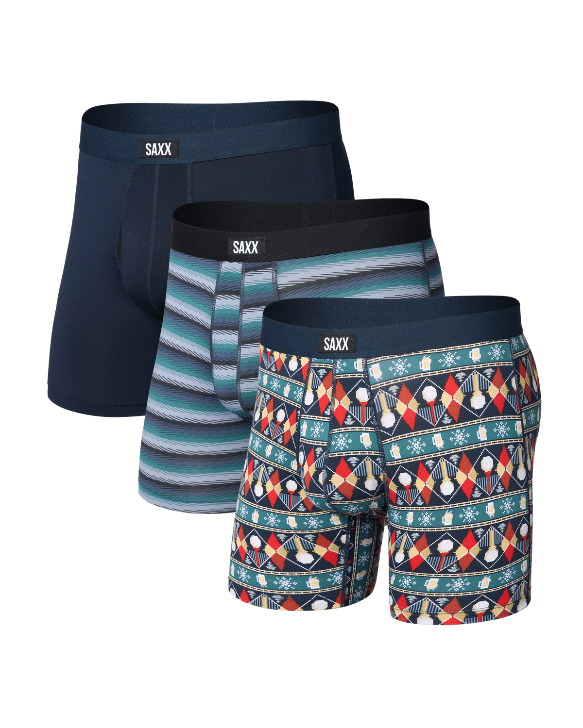 Front of Daytripper Comfort Stretch Boxer Brief 3 Pack in Golf Sweater/Simple Stripe/Dark Ink