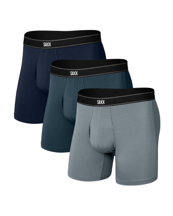 Front of Daytripper Comfort Stretch Boxer Brief 3 Pack in Navy/Storm Blue/Silver Pine