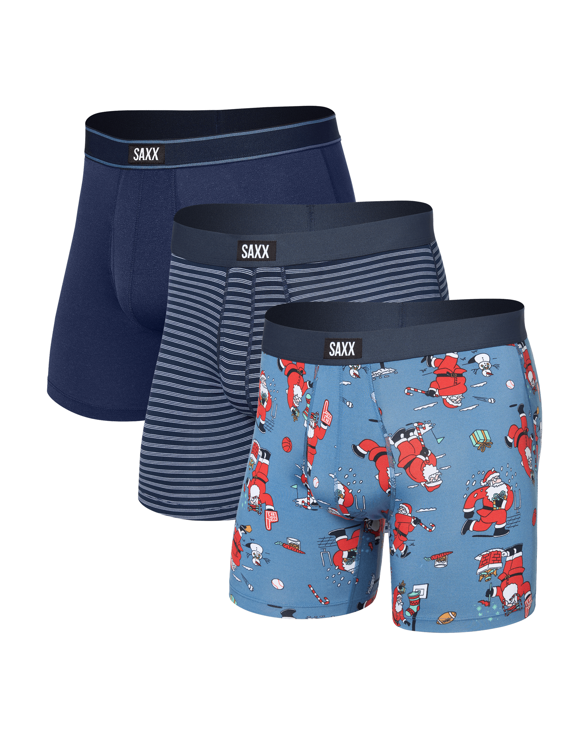 Front of  Daytripper Comfort Stretch Boxer Brief Fly 3 Pack in Santathalon/Stripe/Navy