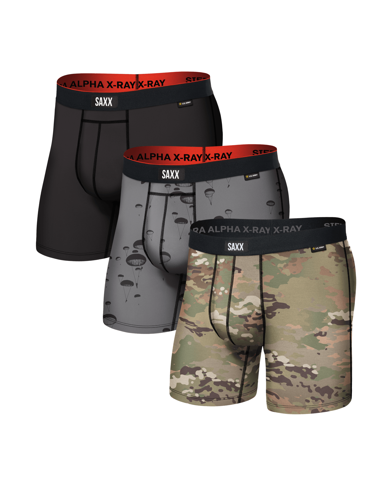 Front of Multi-Sport Mesh Boxer Brief 3 Pack in Army Black/Op Camo/Sky