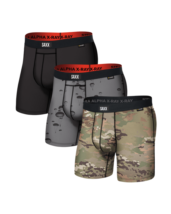 Front of Multi-Sport Mesh Boxer Brief 3 Pack in Army Black/Op Camo/Sky