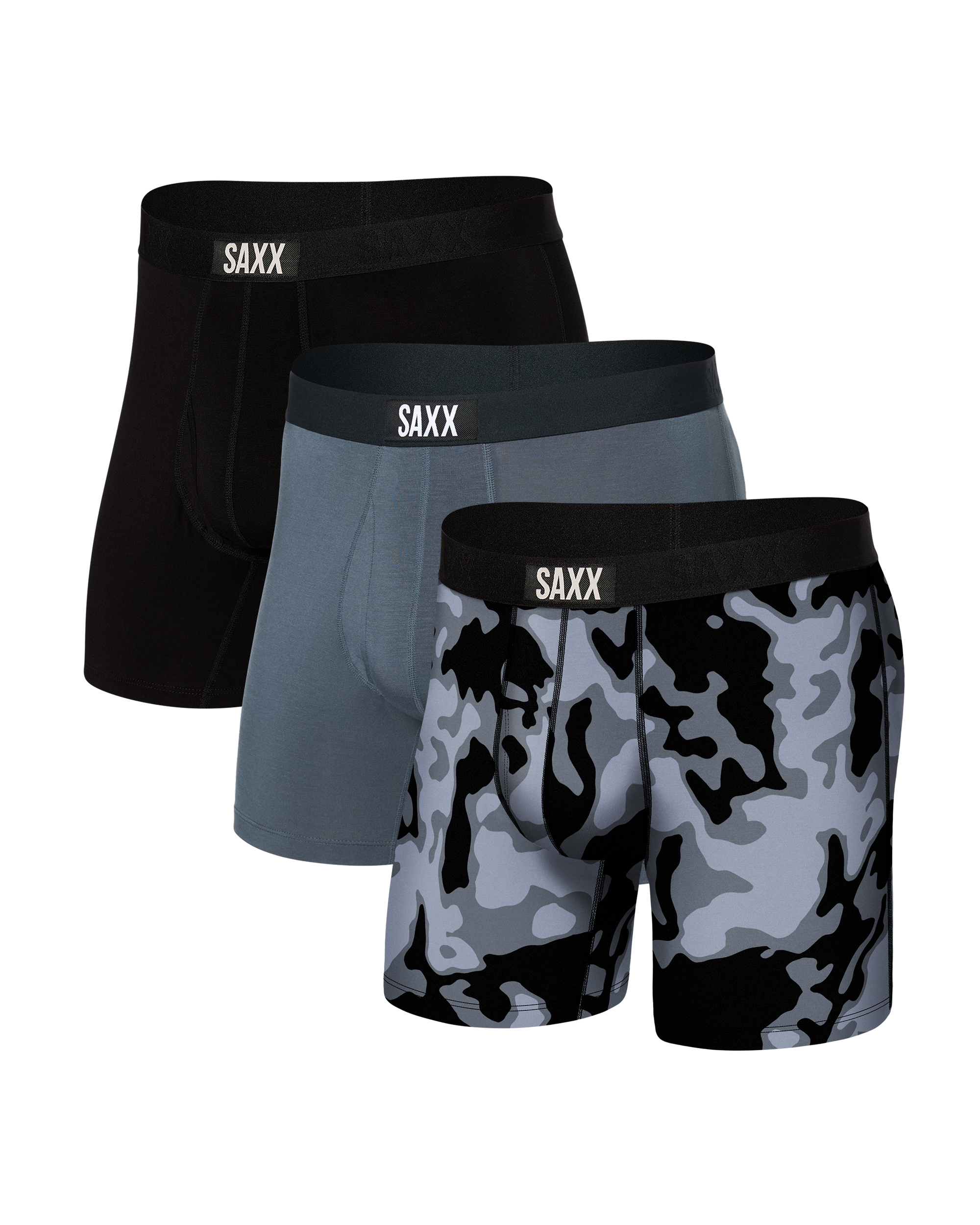 Front of Ultra Super Soft Boxer Brief Fly in  Crater Camo/Grey/Black