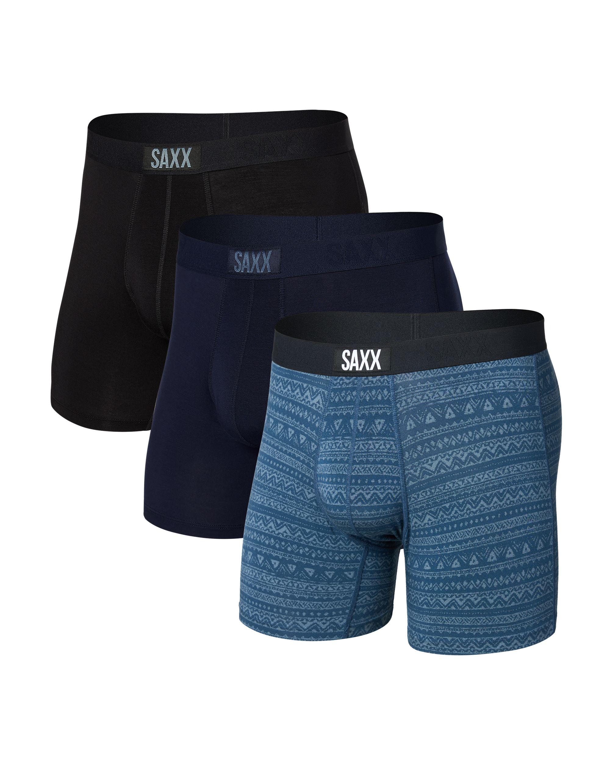 Front of Vibe Super Soft Boxer Brief 3 Pack in Batik Stripe/Martime/Black