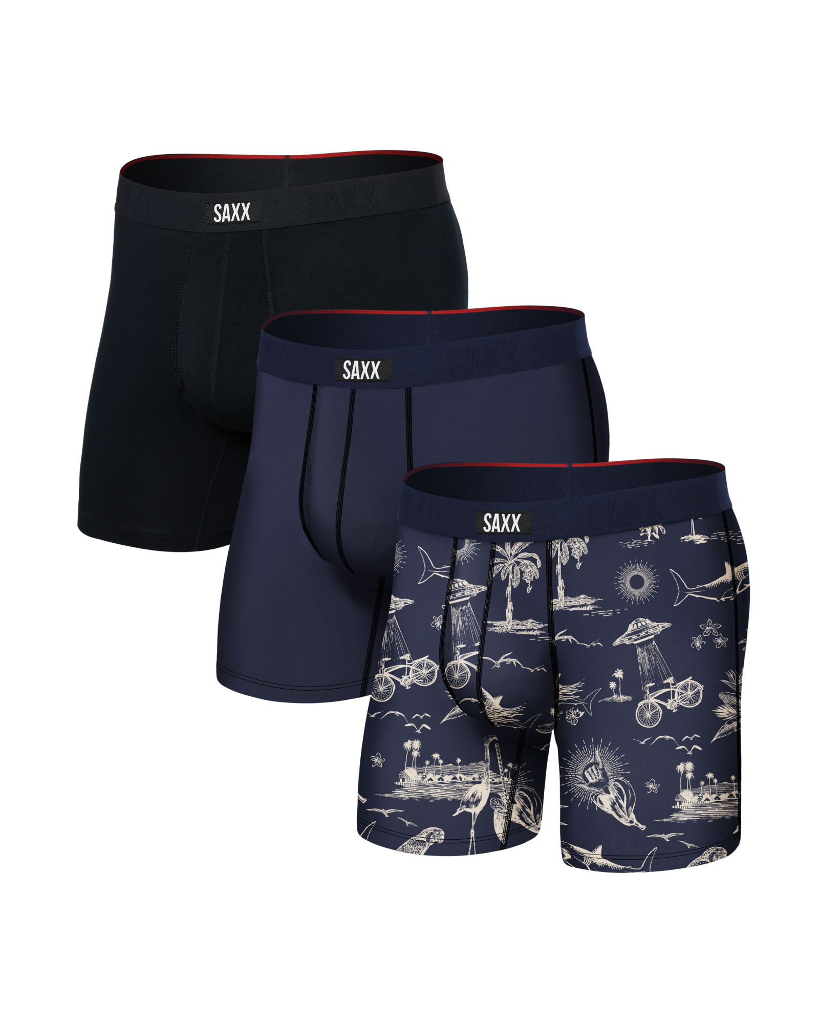 Front of Vibe Xtra Boxer Brief Fly 3 Pack in Astro Surf N Turf/Maritime/Black