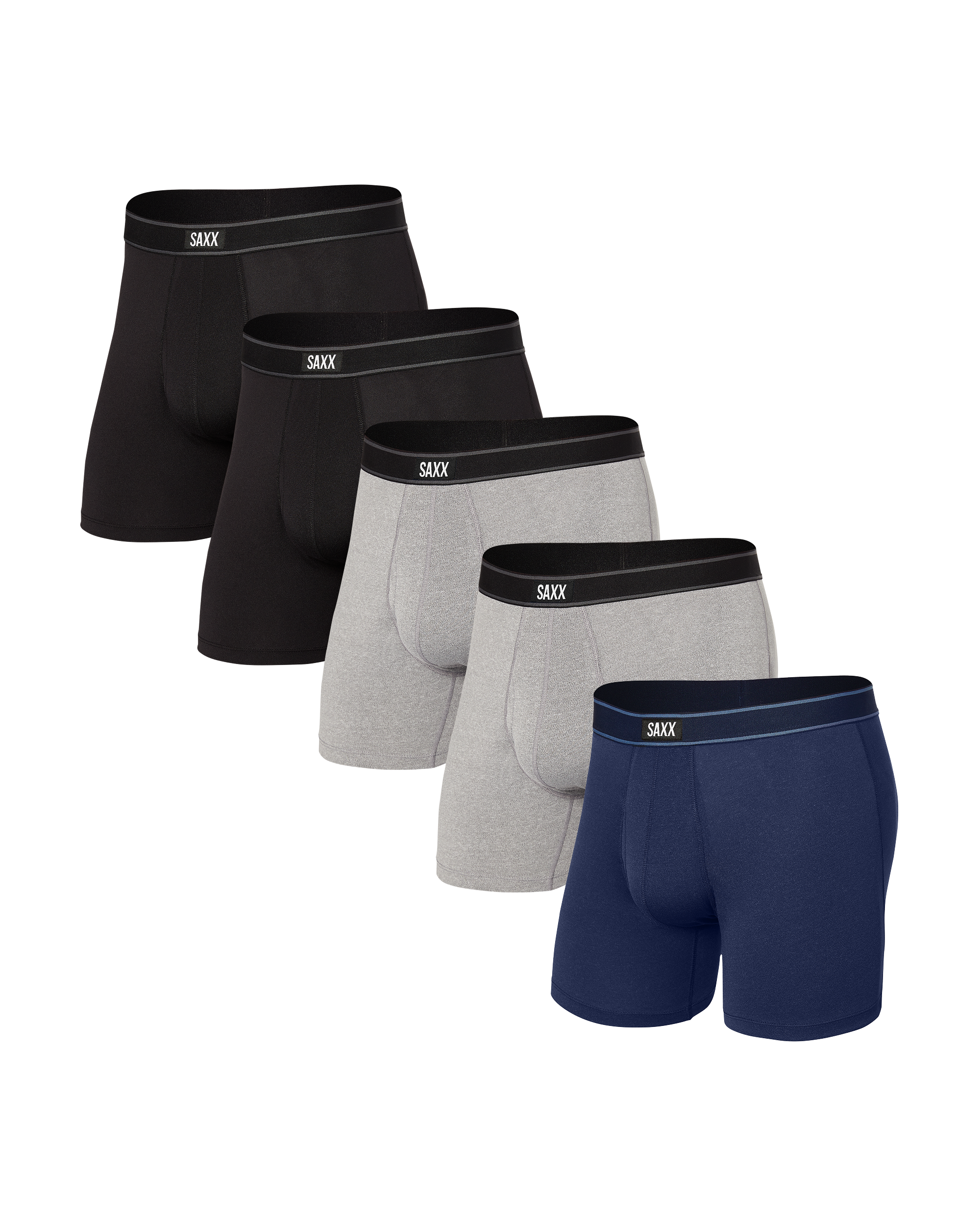 Front of Daytripper Boxer Brief Fly 5 Pack in Black/Grey/Navy