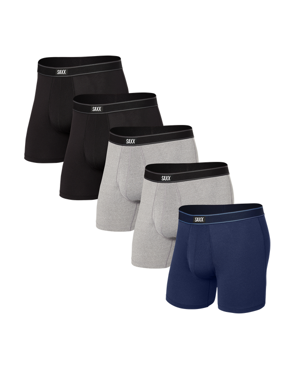 Front of Daytripper Boxer Brief Fly 5 Pack in Black/Grey/Navy