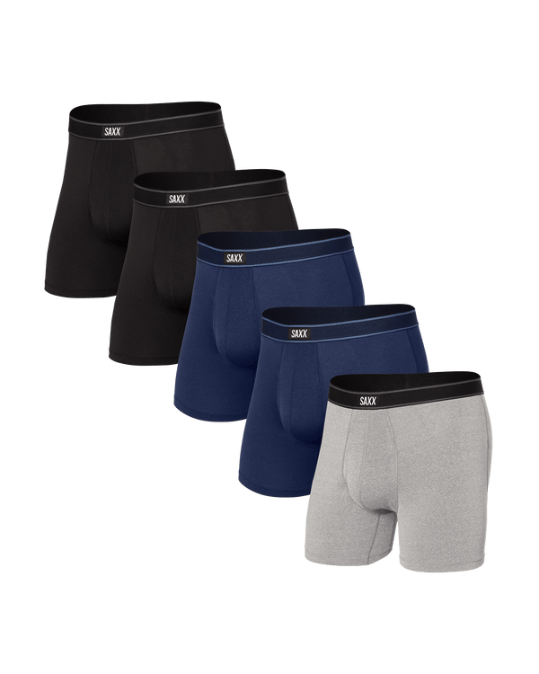 Front of Daytripper Boxer Brief Fly 5 Pack in Black/Grey/Navy