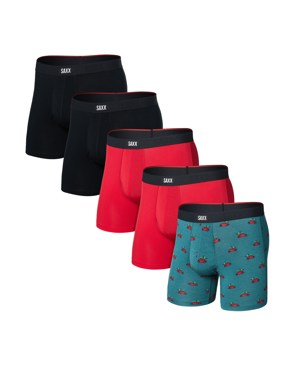 Front of Vibe Xtra Soft Comfort Boxer Brief 5 Pack in Holiday Errand/Red/Black