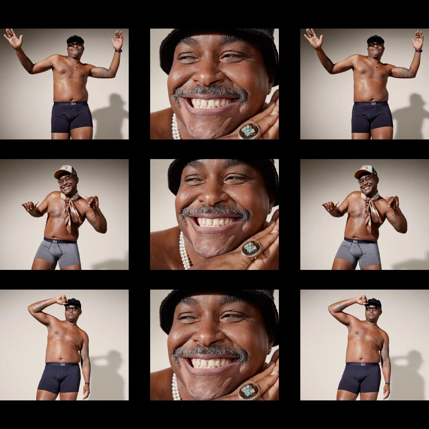 Grid of images featuring a man in various poses wearing underwear.