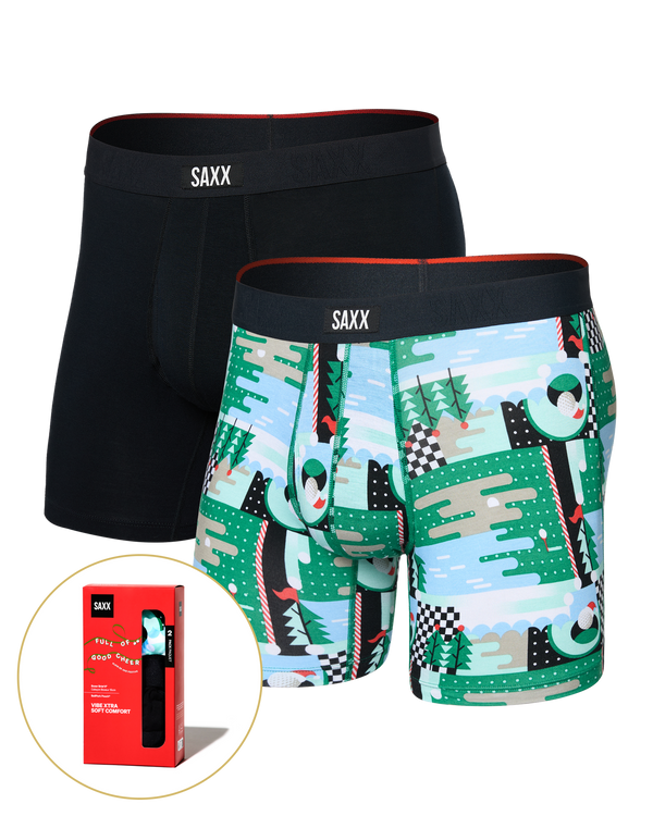 Front of  Vibe Xtra Soft Comfort Boxer Brief Fly 2 Pack in Geo Golf/Black