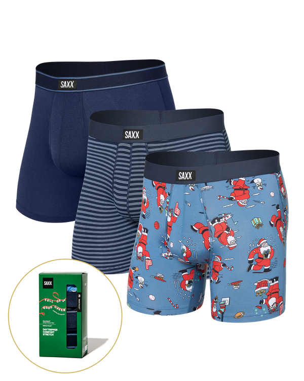 Front of  Daytripper Comfort Stretch Boxer Brief Fly 3 Pack in Santathalon/Stripe/Navy