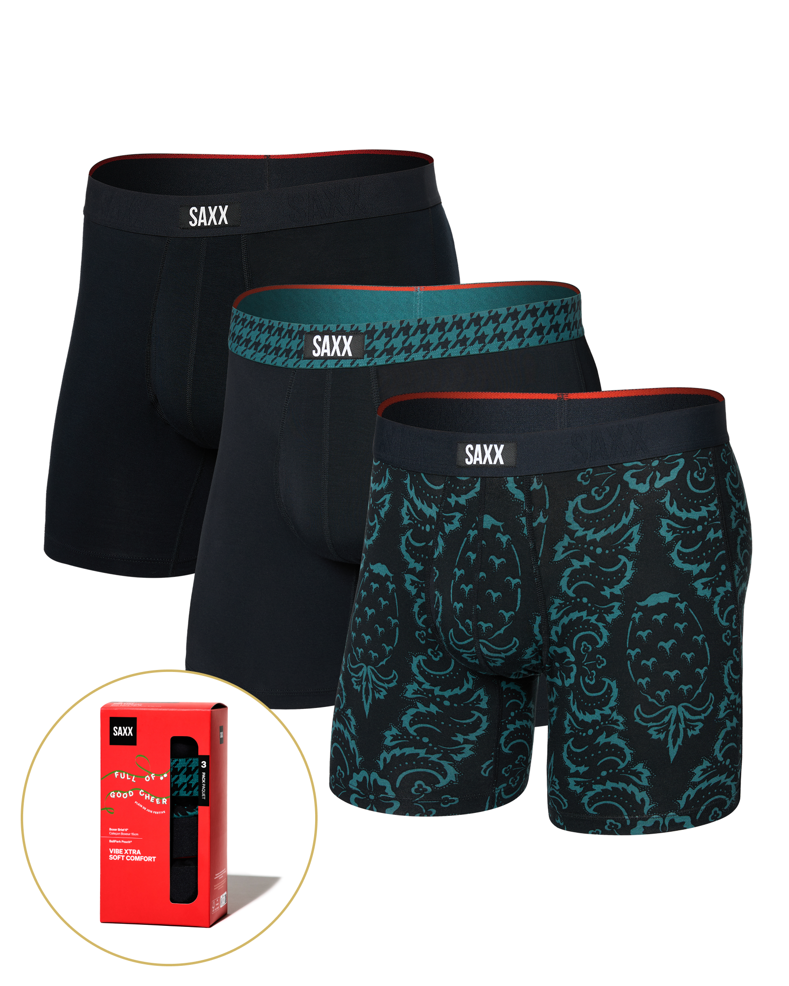 Front of  Vibe Xtra Soft Comfort Boxer Brief Fly 3 Pack in Pineapple/Houndstooth/Black