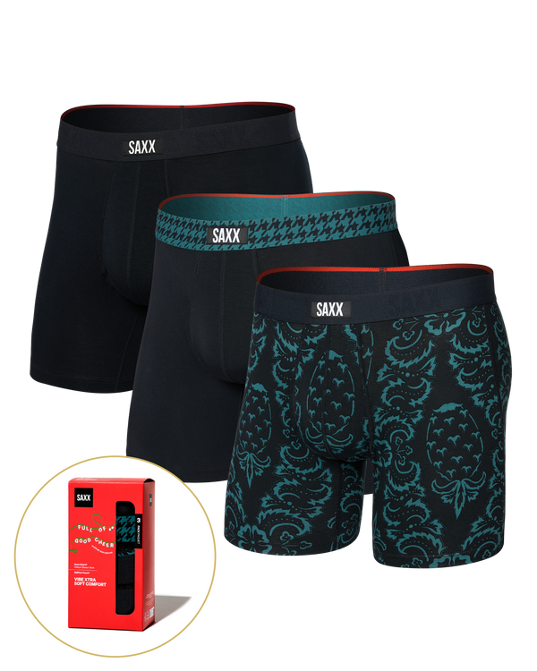 Front of  Vibe Xtra Soft Comfort Boxer Brief Fly 3 Pack in Pineapple/Houndstooth/Black