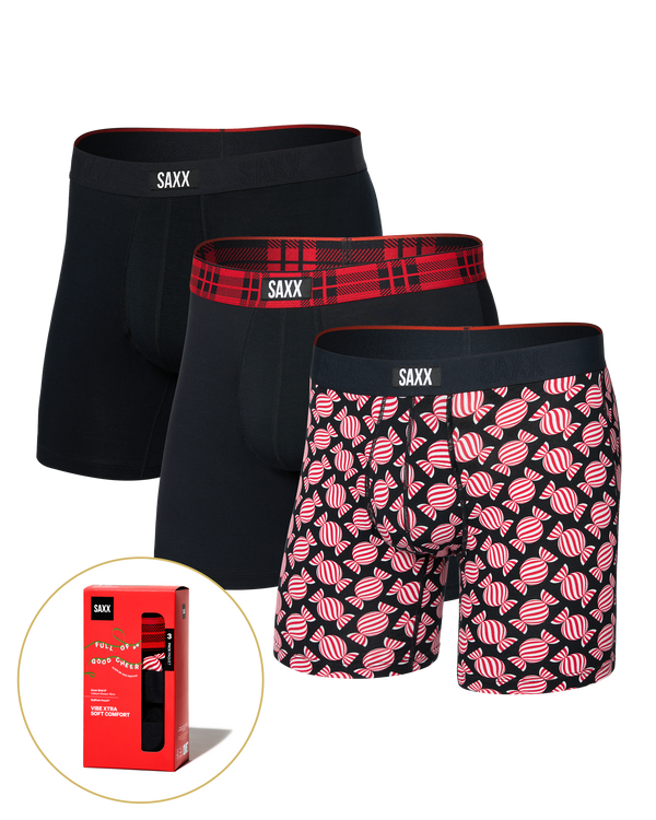 Front of  Vibe Xtra Soft Comfort Boxer Brief Fly 3 Pack in Sweet Stripe/Check Waistband/Black