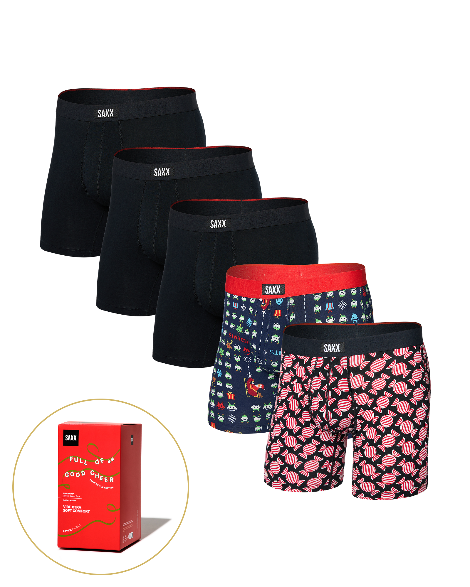 Front of Vibe Xtra Soft Comfort Boxer Brief Fly 5 Pack in Sweet/Sleigh Invaders/Black