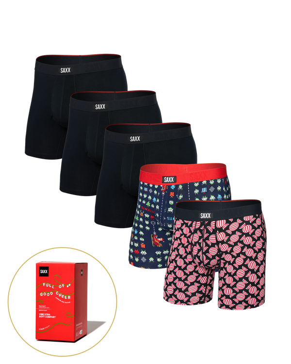 Front of Vibe Xtra Soft Comfort Boxer Brief Fly 5 Pack in Sweet/Sleigh Invaders/Black