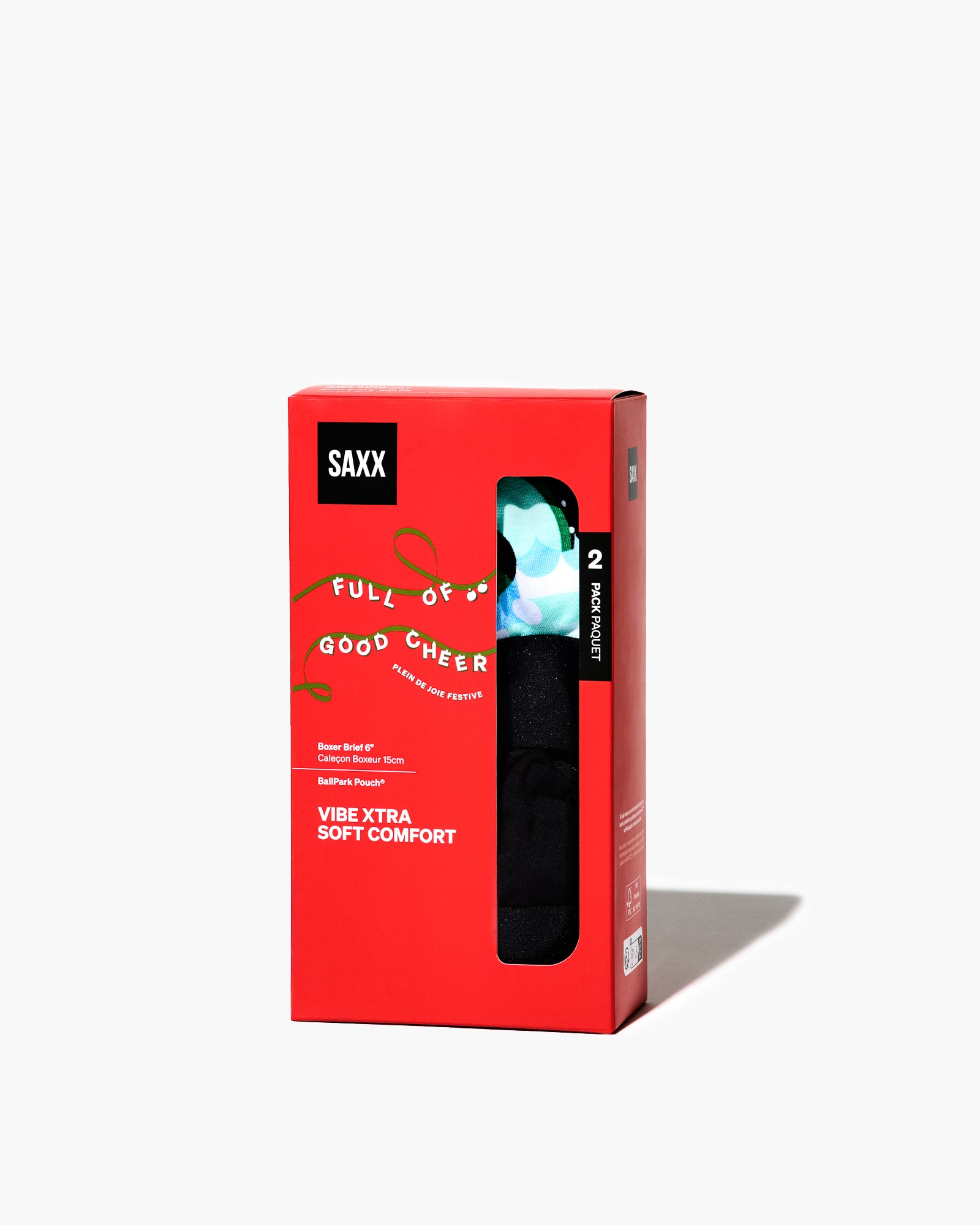 Red packaging box for Saxx underwear on a white background