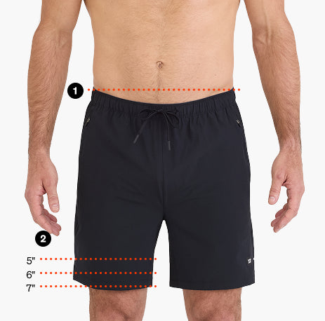 Front view of a model wearing black shorts with measurement guides showing waistband position and inseam length options of 5, 6, and 7 inches.