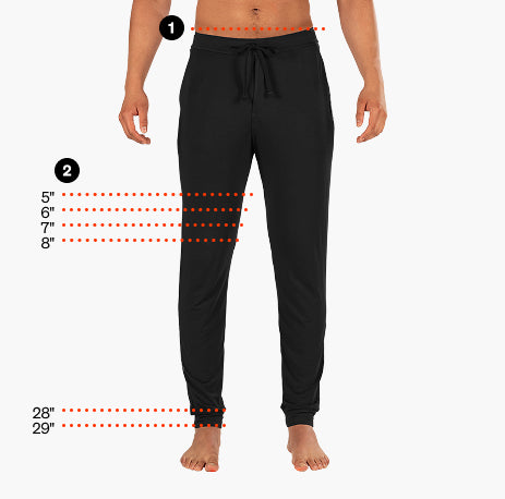 Front view of a model wearing black pants with measurement guides showing waistband position, inseam options of 5 to 8 inches, and outseam lengths of 28 and 29 inches.