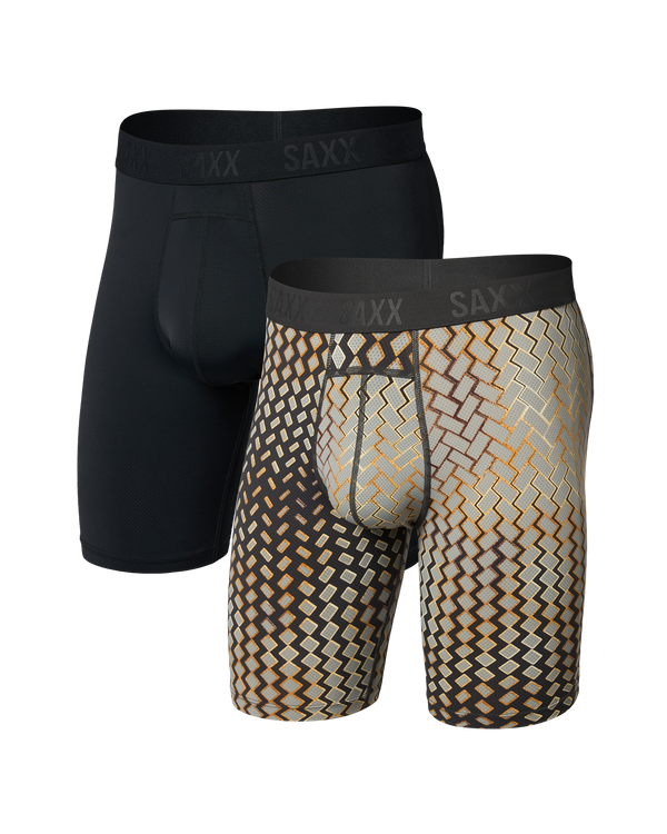 Two pairs of men's underwear, one black and one with a geometric pattern, on a white background.