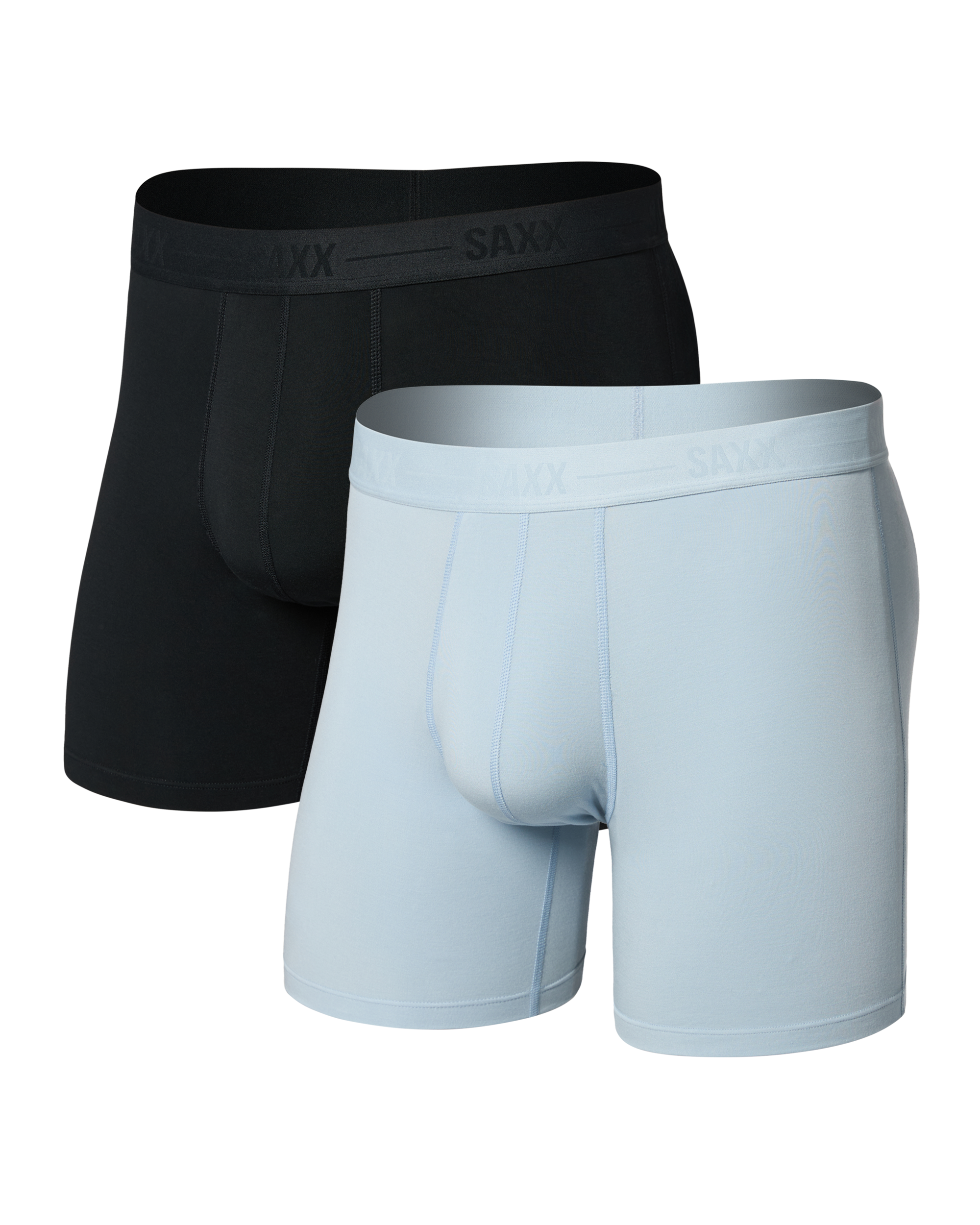 Two pairs of SAXX underwear, one black and one blue, on a white background.