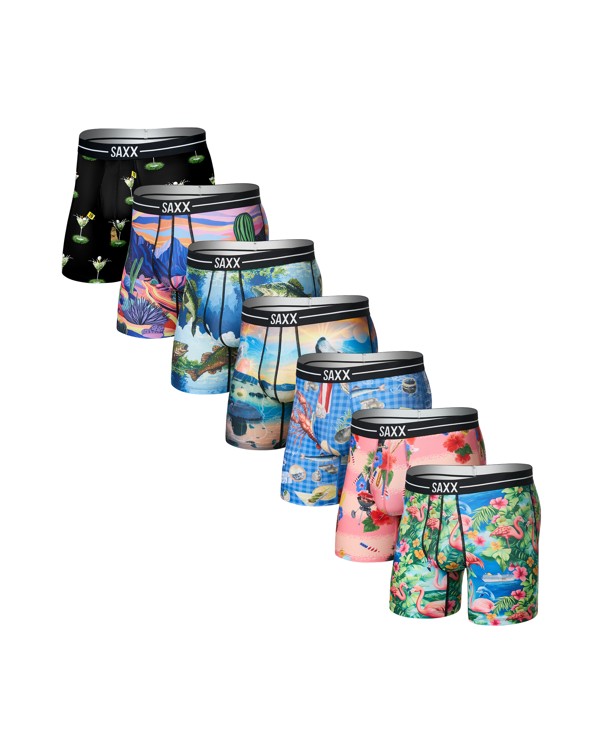 Set of seven SAXX boxer briefs with various colorful designs on a white background