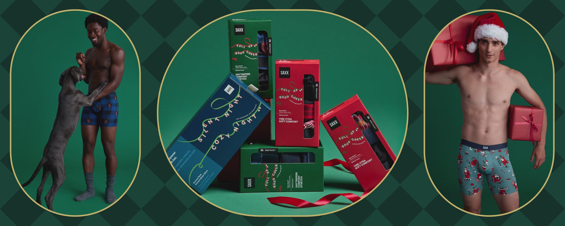 Holiday Gift Boxes from SAXX displayed in festive red, green, and navy packaging with ribbon - featuring men’s underwear gift sets.