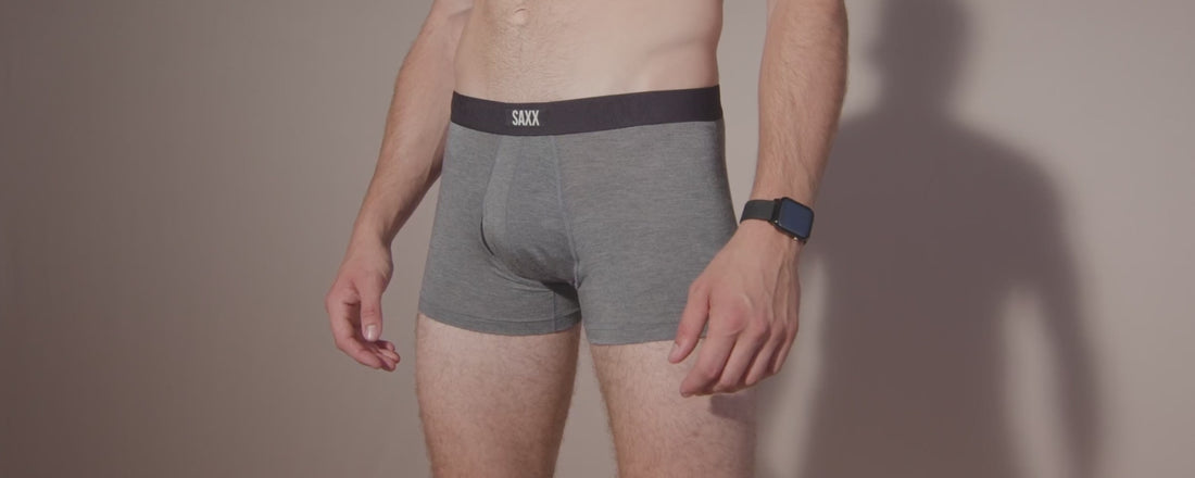 A video rotating through flat lay images of men's underwear and men wearing the underwear.