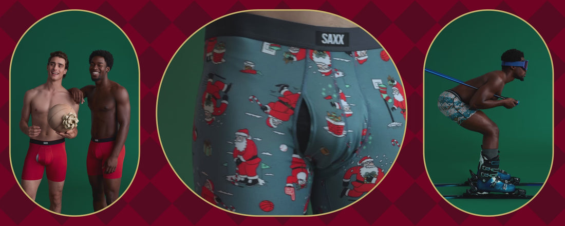 Men wearing holiday-themed SAXX underwear posing in studio shots, including close-ups of the Santa print and a skier wearing patterned boxer briefs.