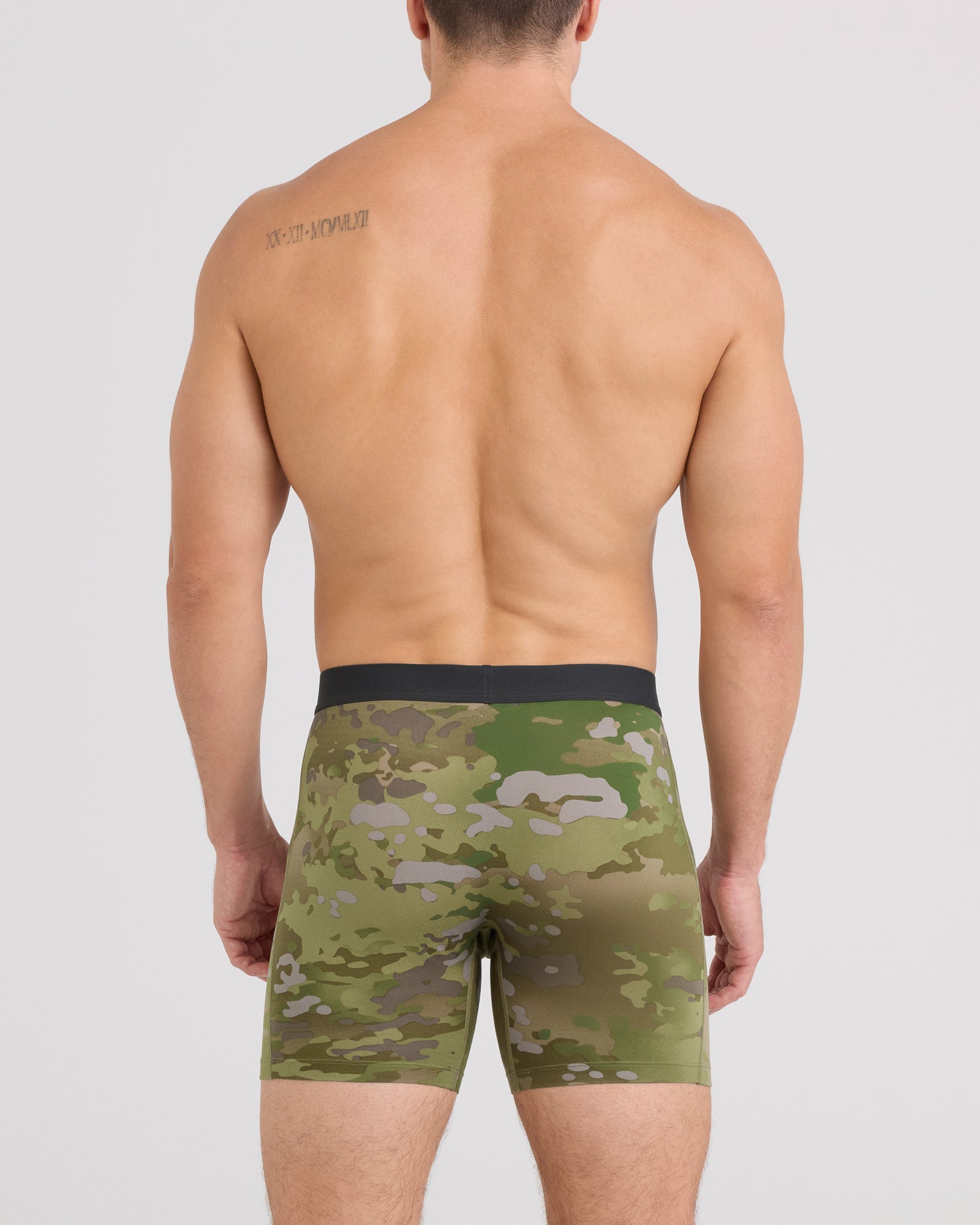 Back - Model wearing Daytripper Comfort Stretch Boxer Brief in Army Op Camo-Green