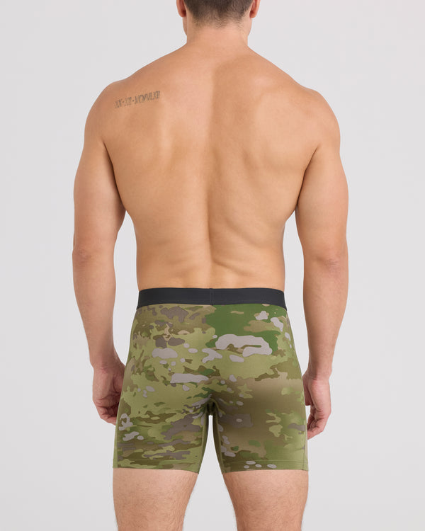 Back - Model wearing Daytripper Comfort Stretch Boxer Brief in Army Op Camo-Green