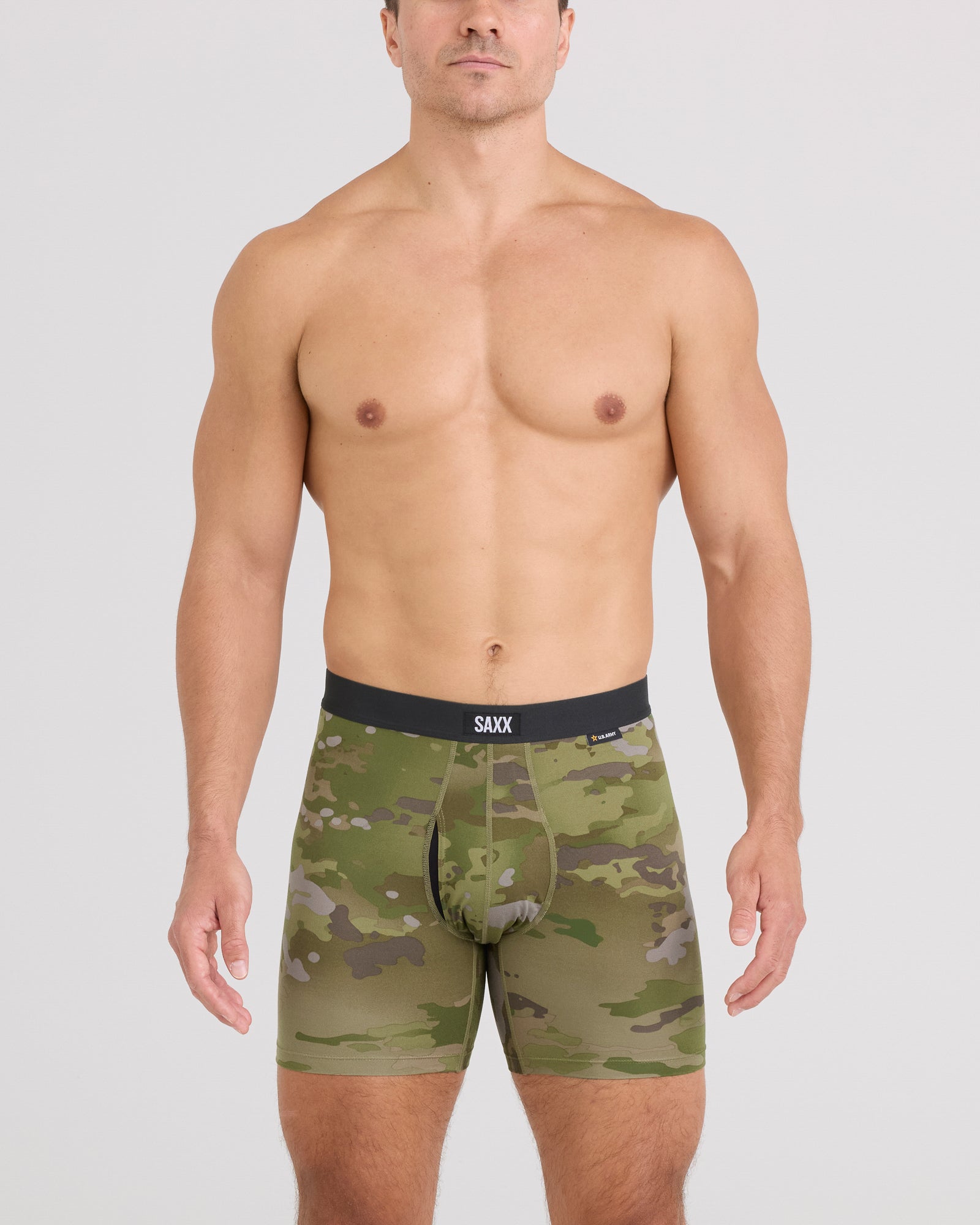 Front - Model wearing Daytripper Comfort Stretch Boxer Brief in Army Op Camo-Green