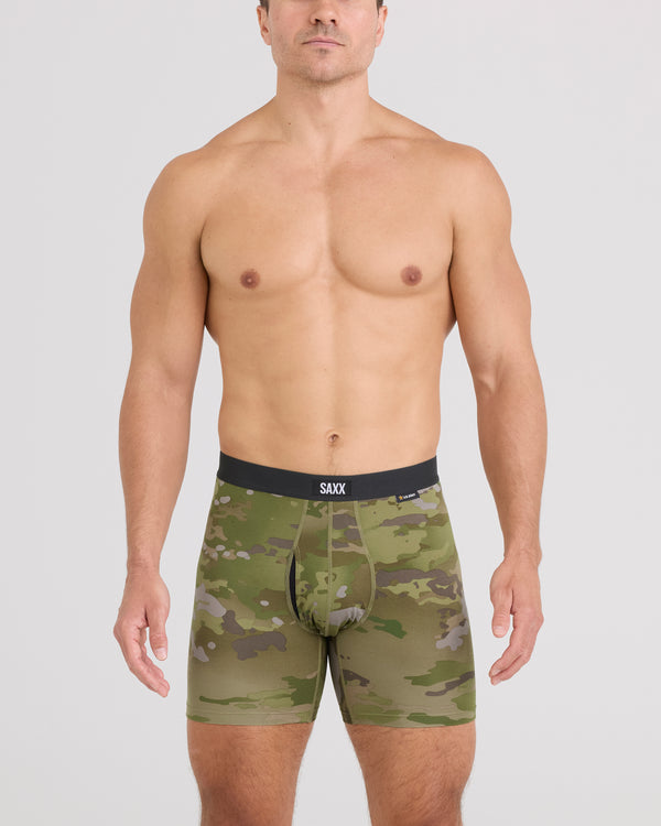 Front - Model wearing Daytripper Comfort Stretch Boxer Brief in Army Op Camo-Green