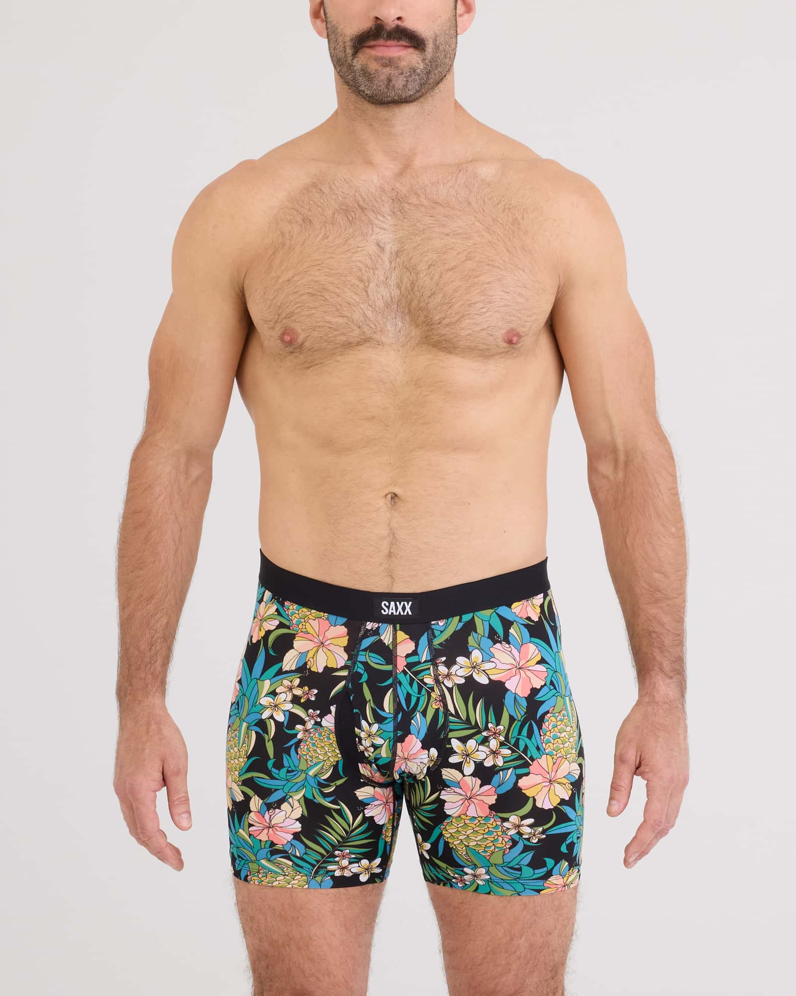 Front - Model wearing Daytripper Comfort Stretch Boxer Brief 3 Pack in Pineapple Field/Tradewinds/Black