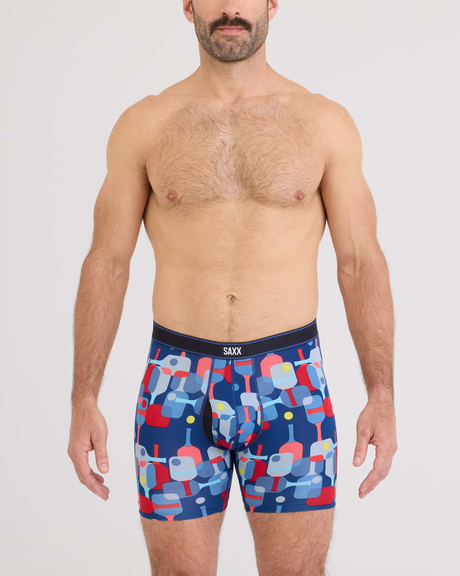 Front - Model wearing Daytripper Comfort Stretch Boxer Brief Fly in Pickle Paddle-Navy Dawn