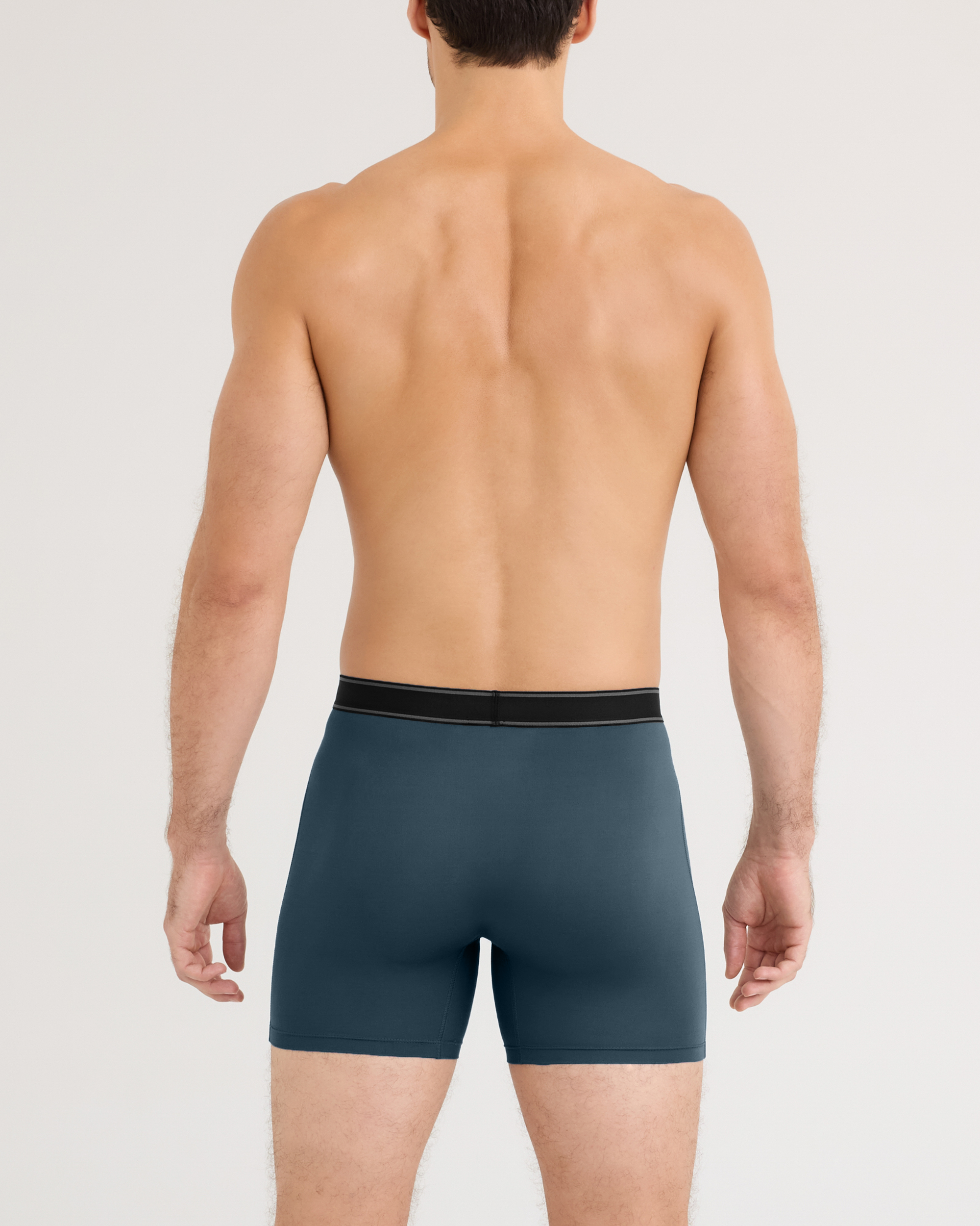 Back - Model wearing Daytripper Comfort Stretch Boxer Brief 3 Pack in Navy/Storm Blue/Silver Pine