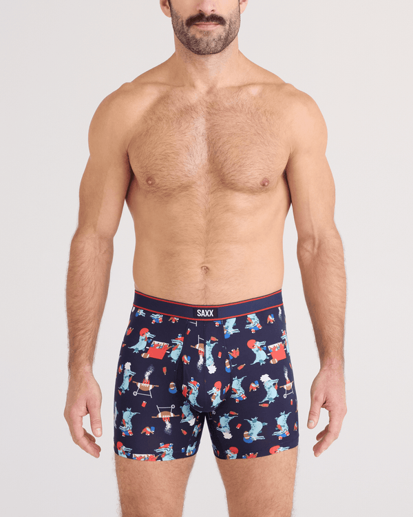 Front - Model wearing  Daytripper Comfort Stretch Boxer Brief Fly in Tailgator BBQ-Maritime