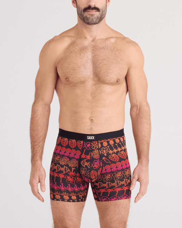 Front - Model wearing  Daytripper Comfort Stretch Boxer Brief Fly in Tropical Lineup-Black