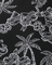 Black and white tropical pattern with palm trees, flowers, and leaves on a black background.