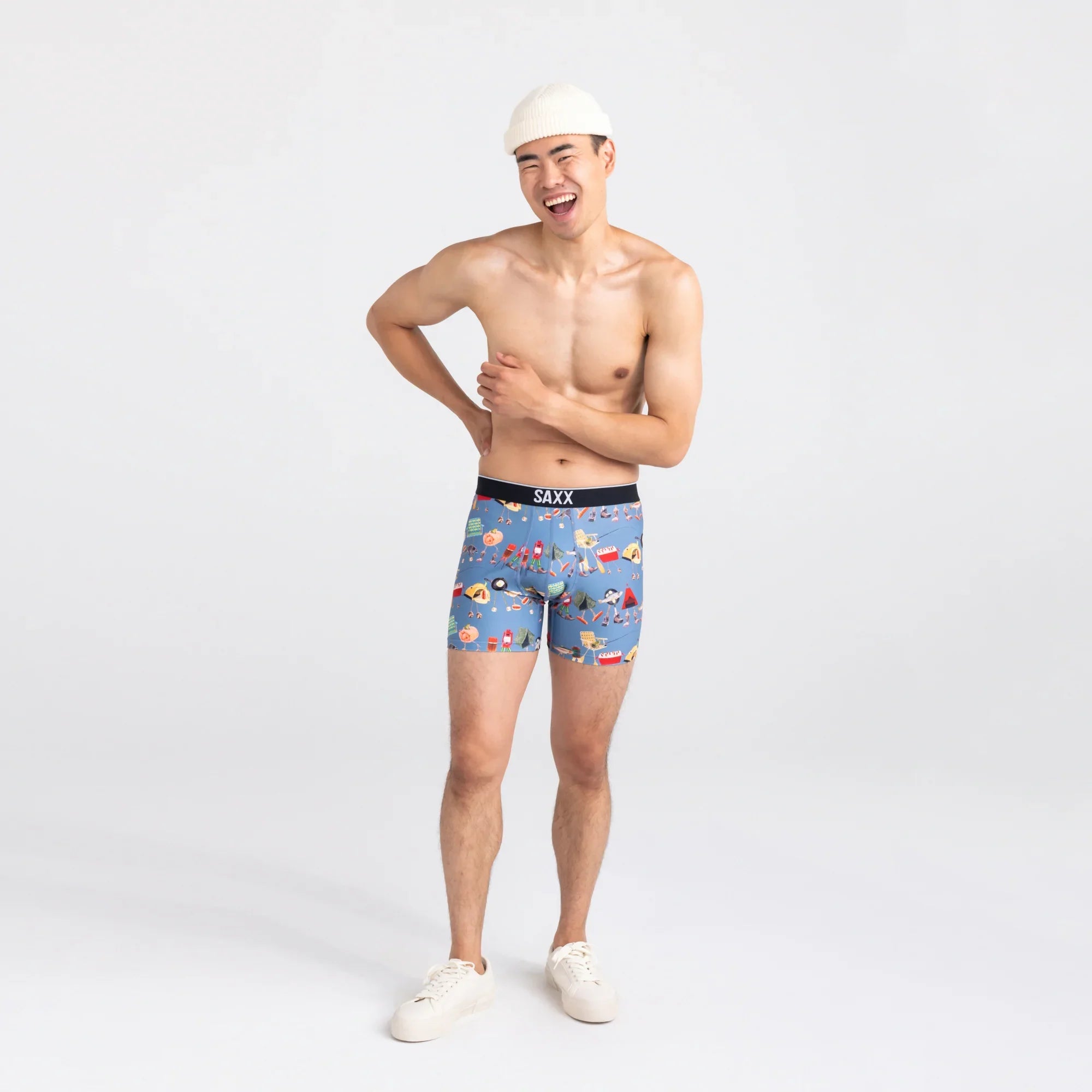 Front - Model wearing Volt Breathable Mesh Boxer Brief in Take A Hike- Blue