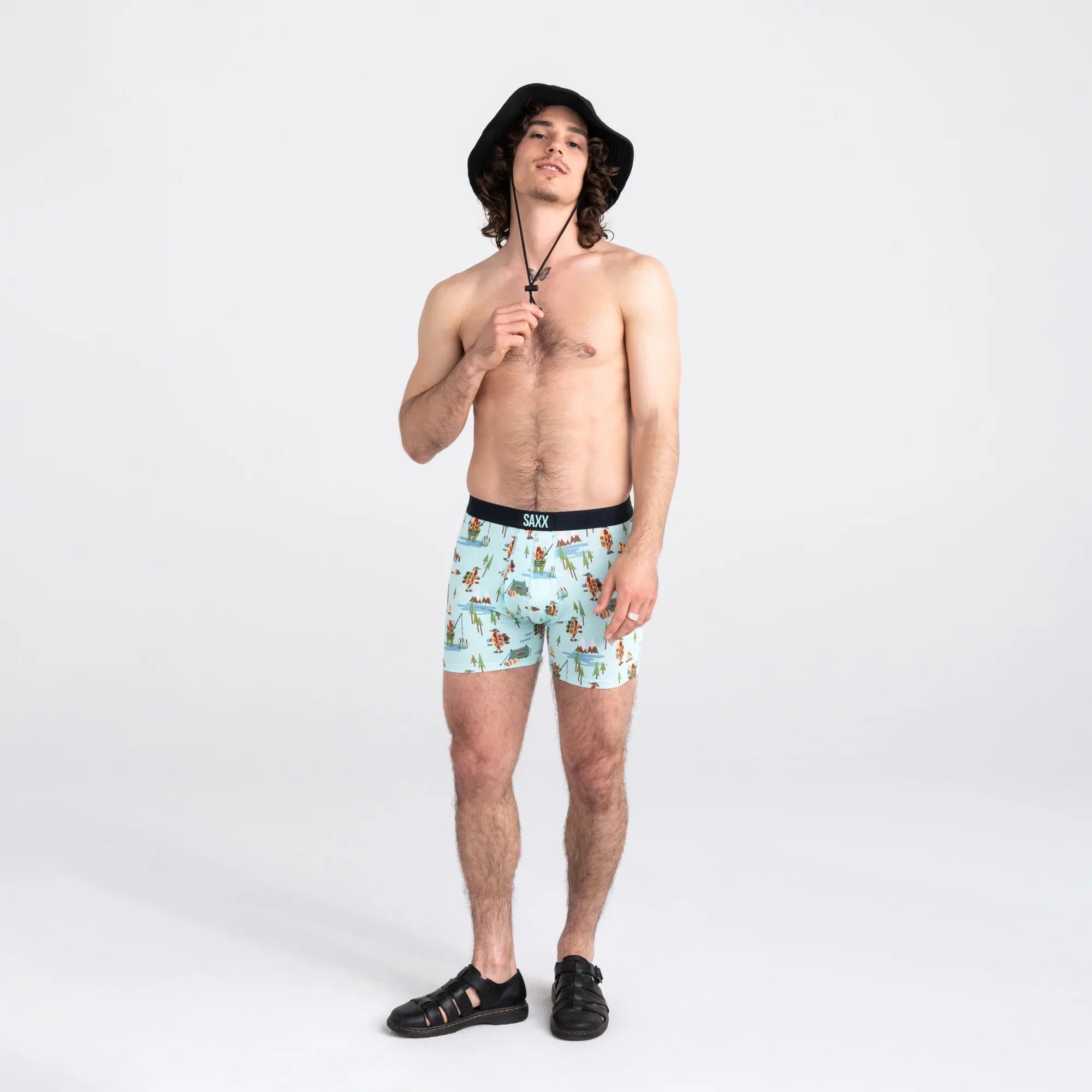 Front - Model wearing Ultra Super Soft Boxer Brief Fly in Hot Dog Park Ranger- Blue