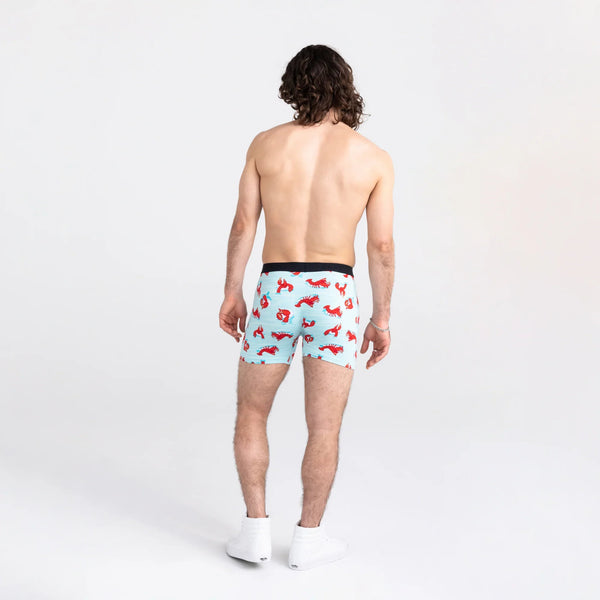 Back - Model wearing Ultra Super Soft Boxer Brief Fly in Lobster Lounger- Aqua