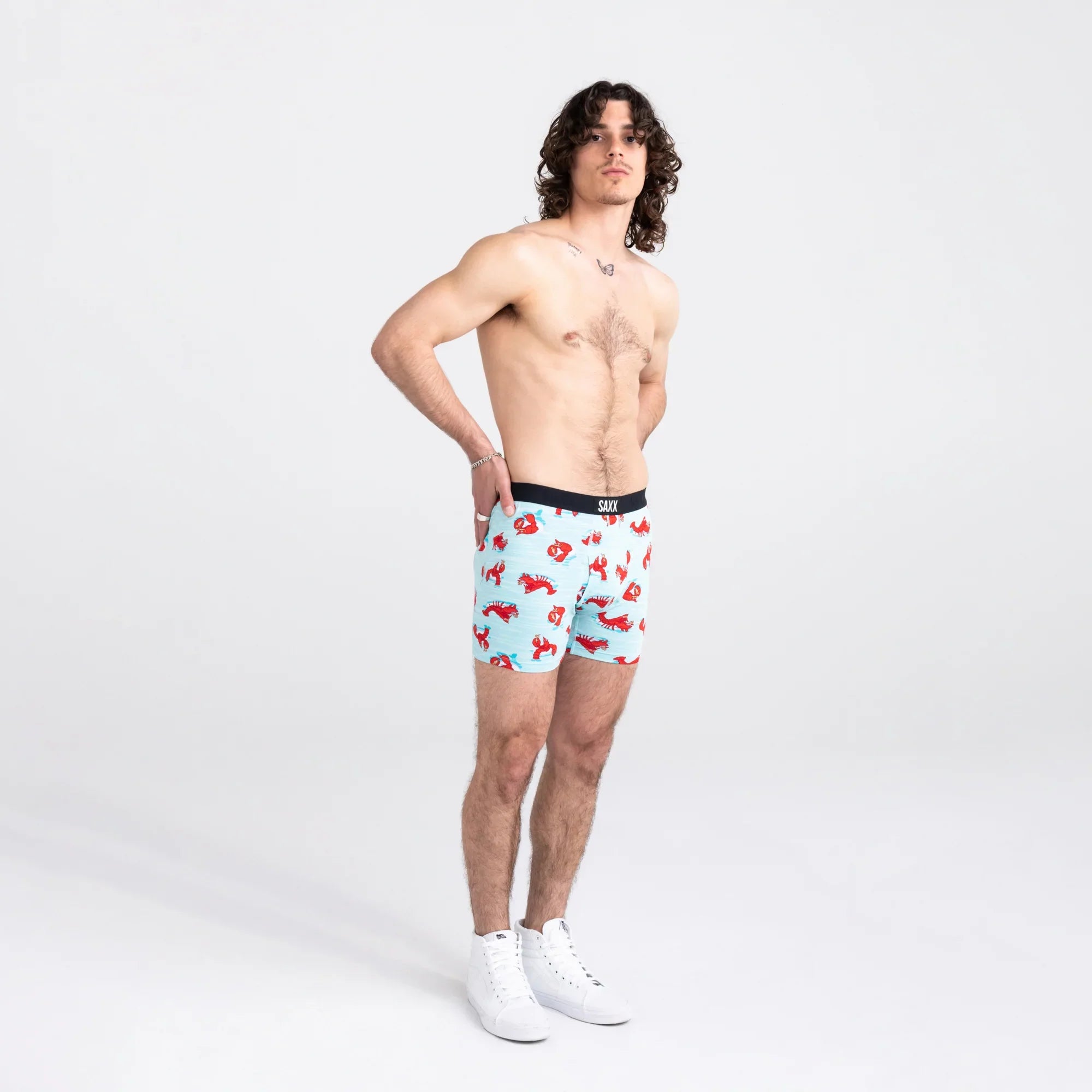 Front - Model wearing Ultra Super Soft Boxer Brief Fly in Lobster Lounger- Aqua