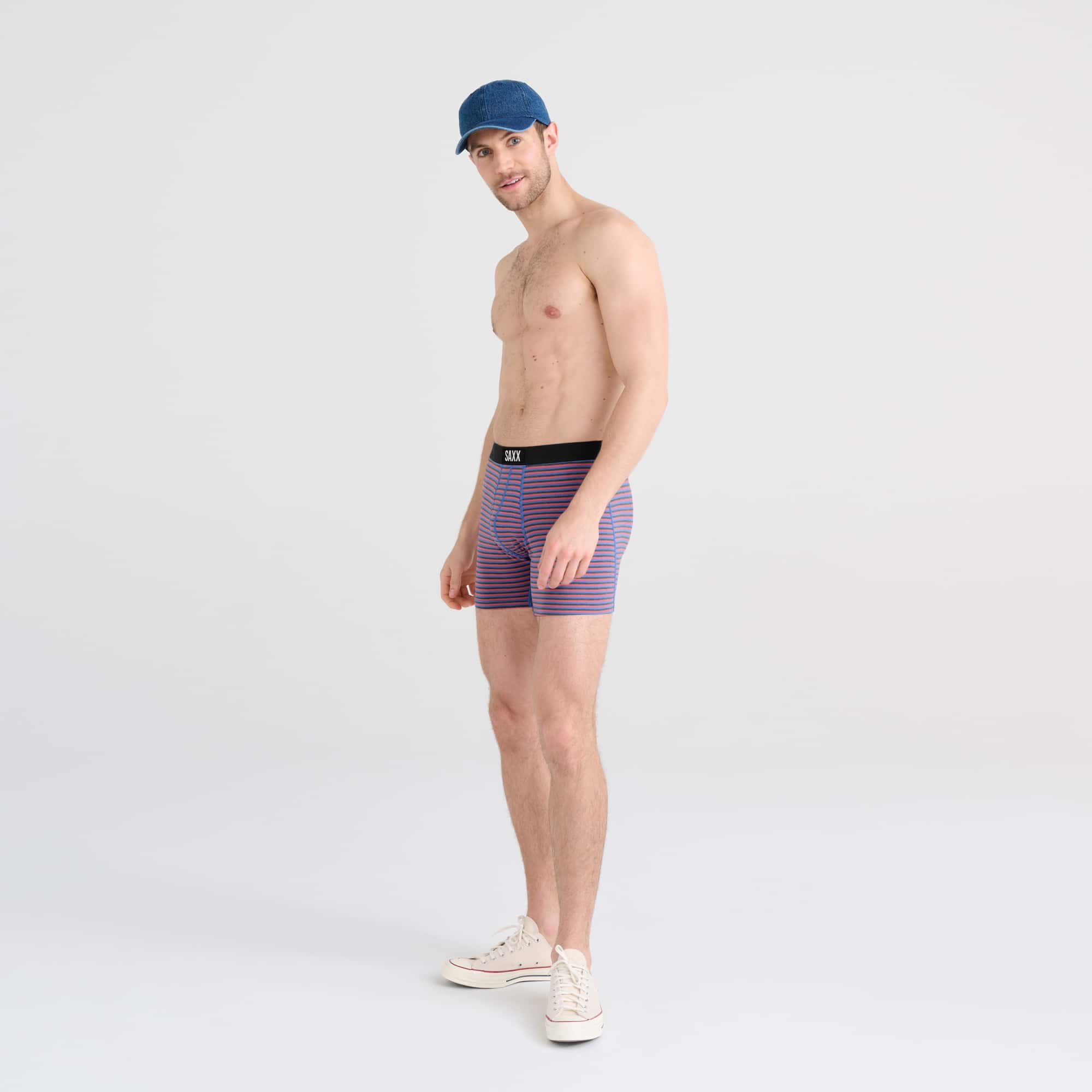 Front - Model wearing Ultra Boxer Brief in Micro Stripe- Coral Pop