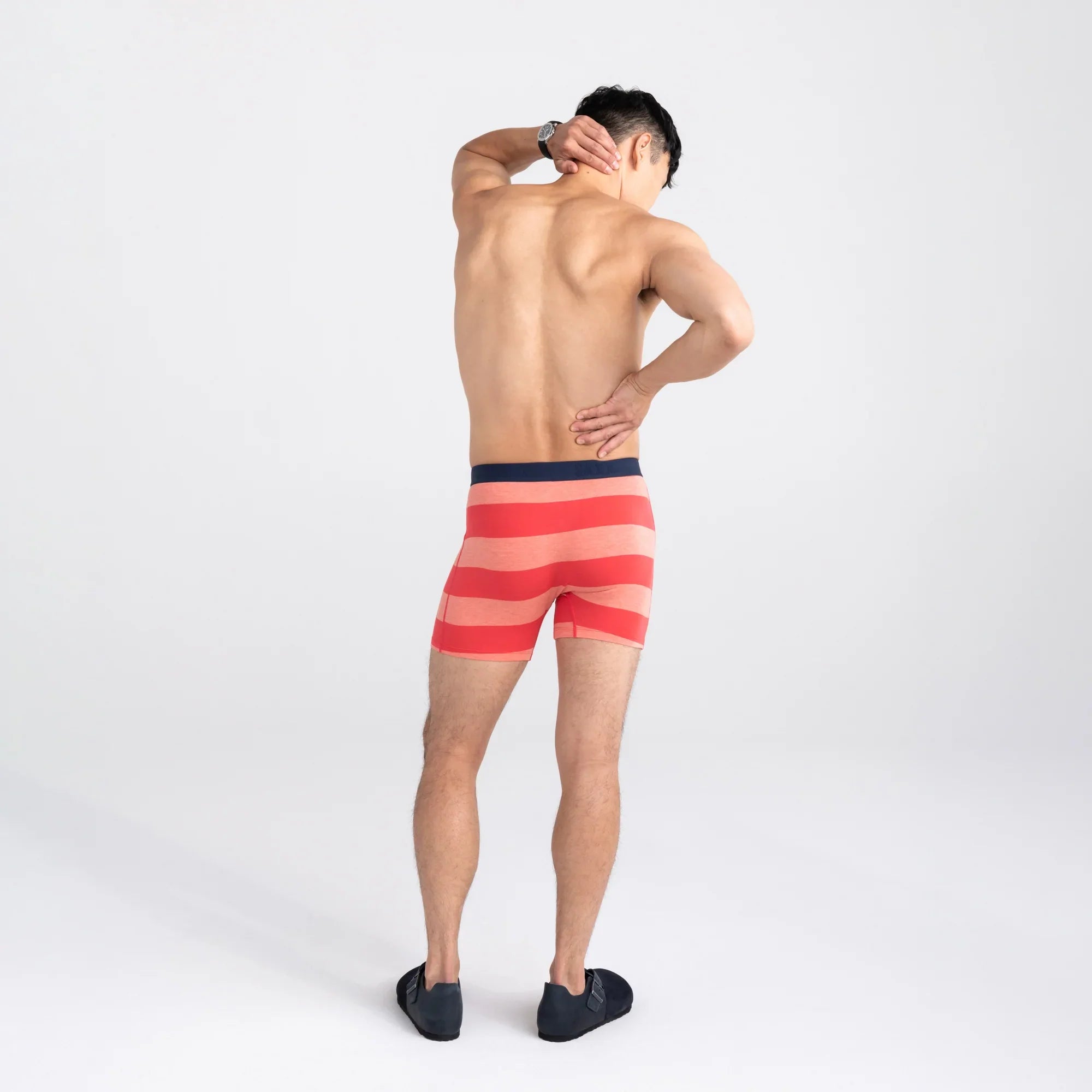 Back - Model wearing Ultra Super Soft Boxer Brief Fly 2 Pack in Red Ombre Rugby/Navy
